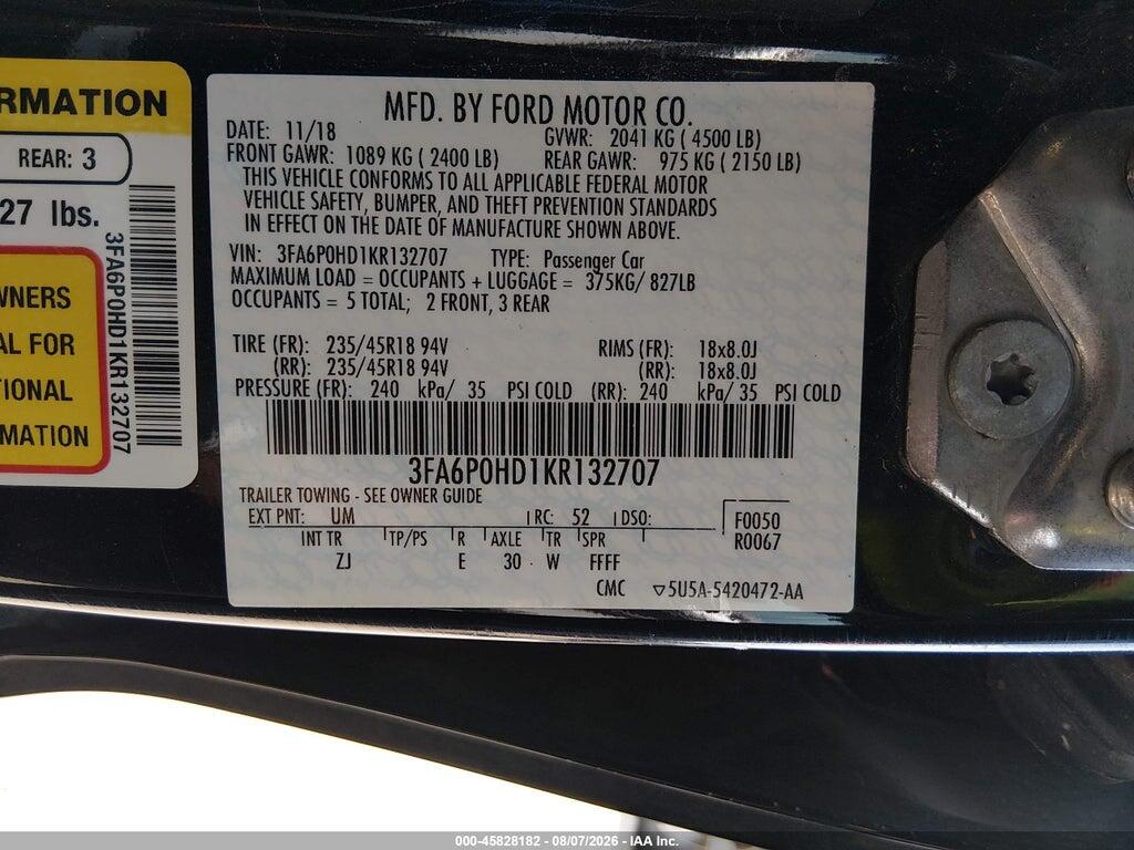 3FA6P0HD1KR132707 2019 FORD FUSION photo no. 9