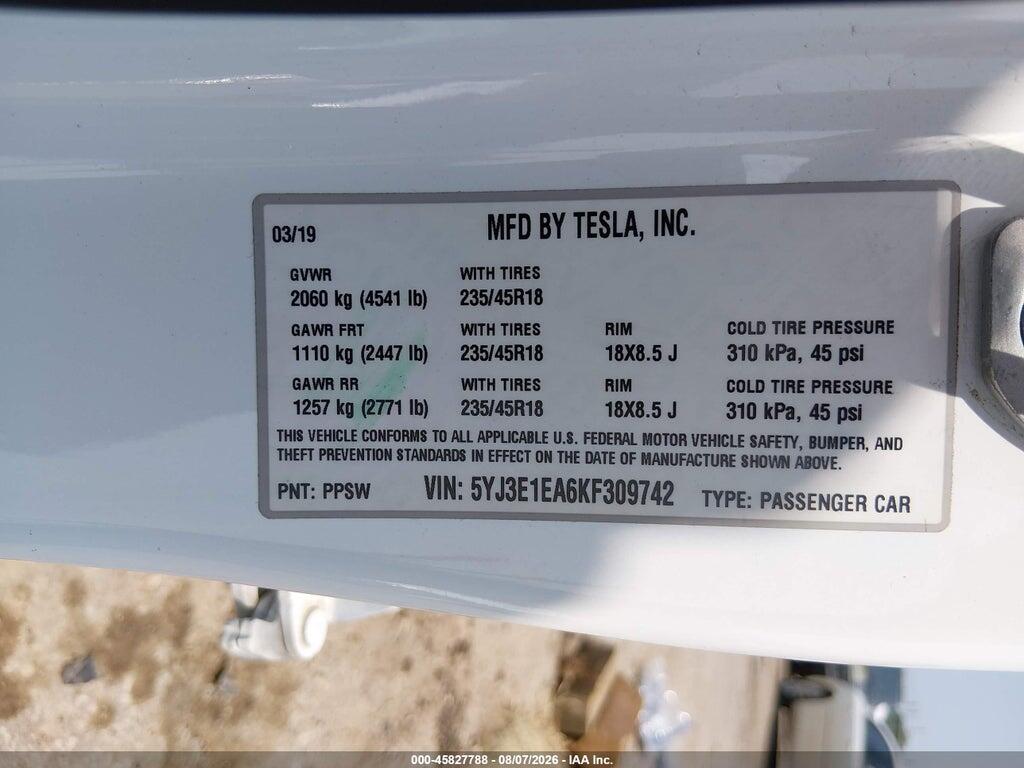5YJ3E1EA6KF309742 2019 TESLA MODEL 3 photo no. 9