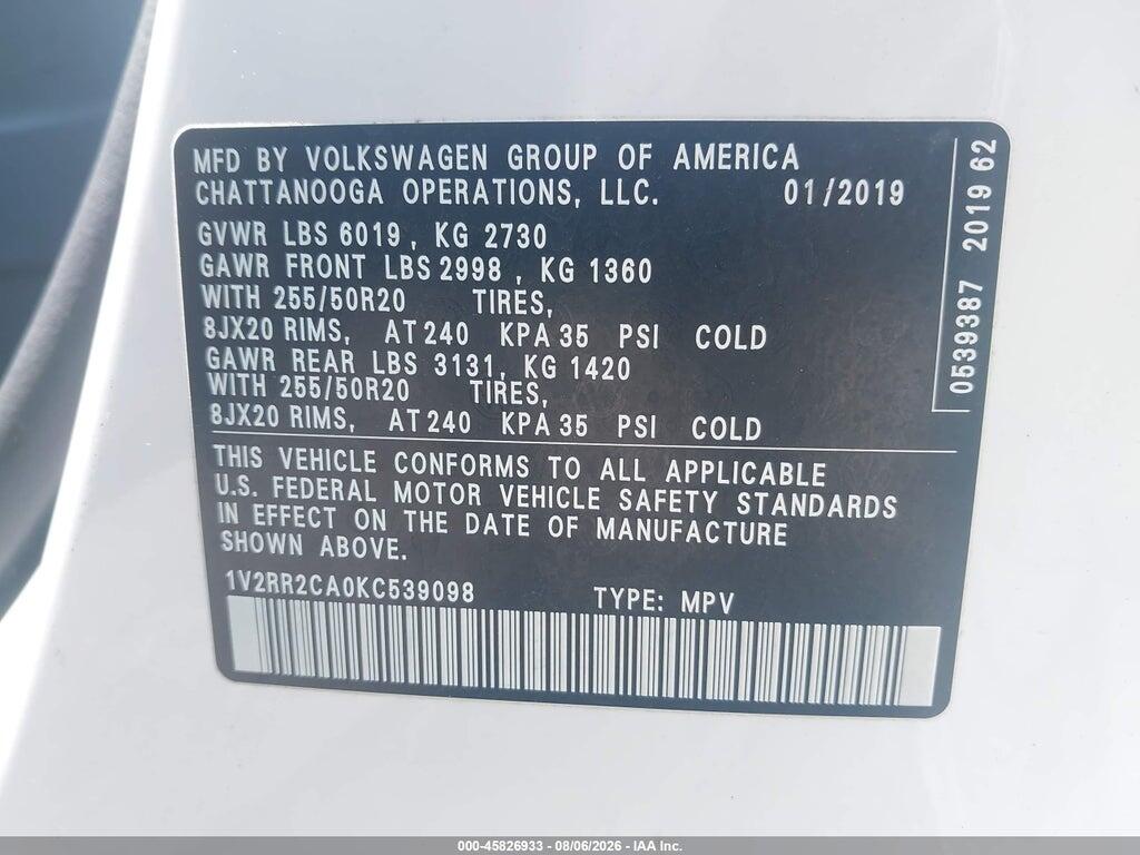 1V2RR2CA0KC539098 2019 VOLKSWAGEN ATLAS photo no. 9
