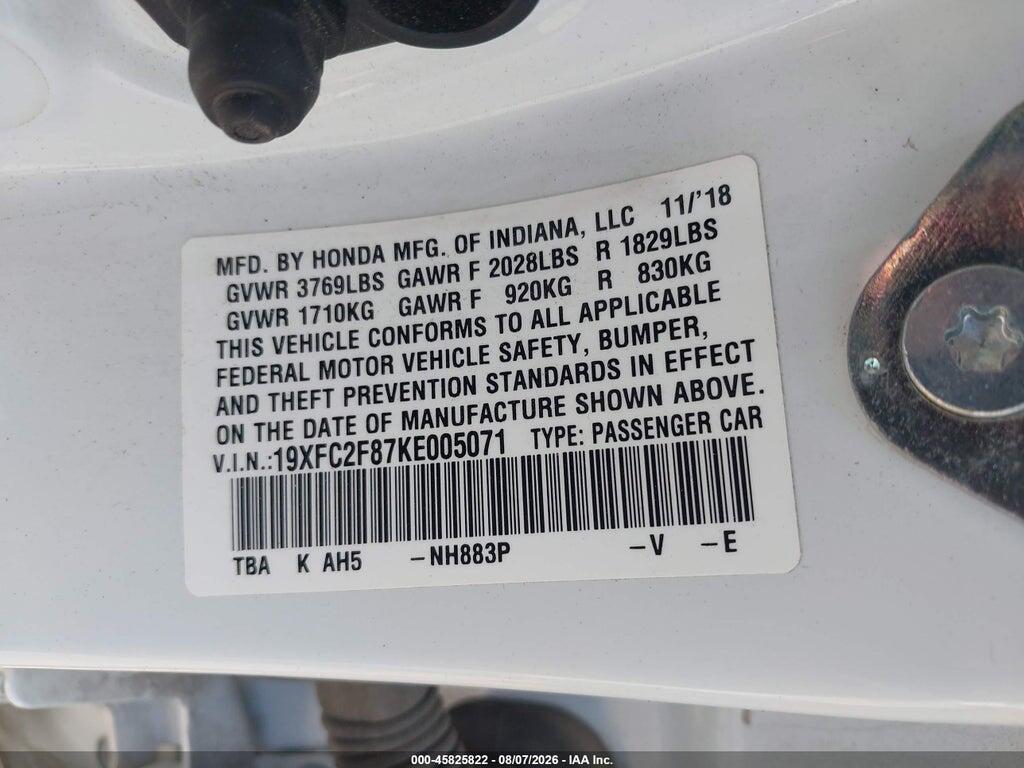 19XFC2F87KE005071 2019 HONDA CIVIC photo no. 9