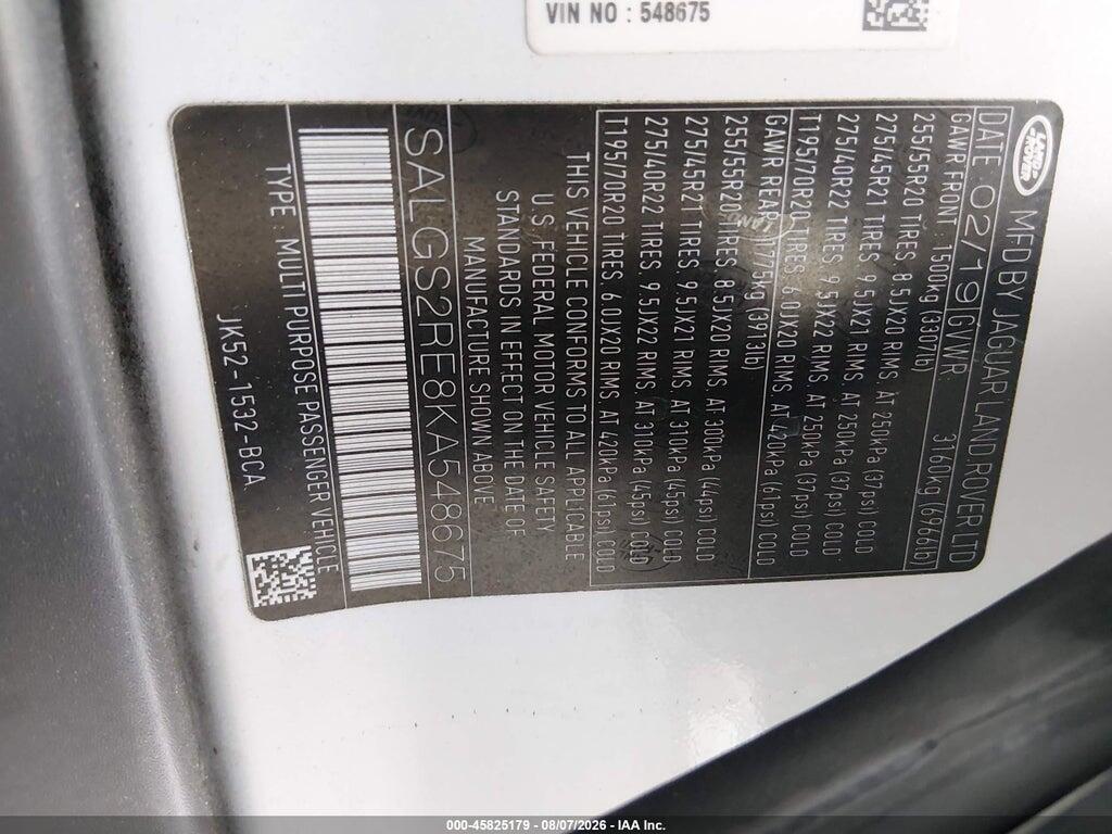 SALGS2RE8KA548675 2019 LAND ROVER RANGE ROVER photo no. 9