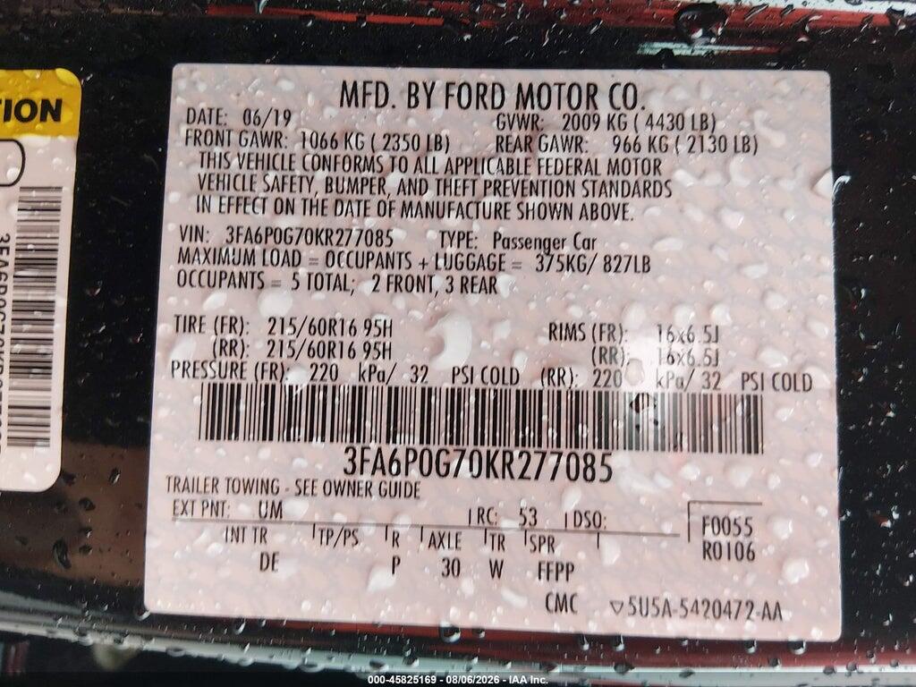 3FA6P0G70KR277085 2019 FORD FUSION photo no. 9