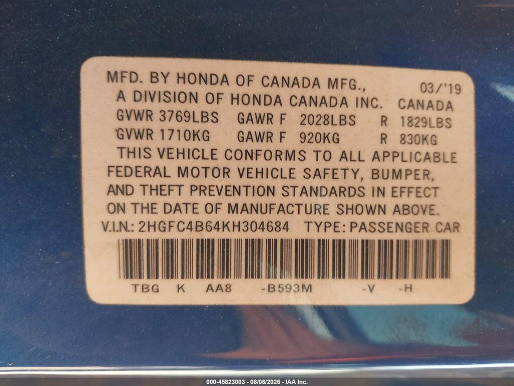 2HGFC4B64KH304684 2019 HONDA CIVIC photo no. 9