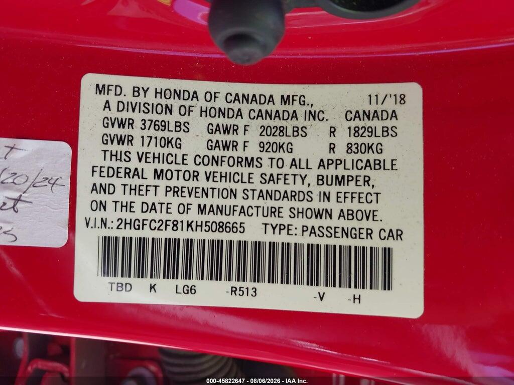 2HGFC2F81KH508665 2019 HONDA CIVIC photo no. 9