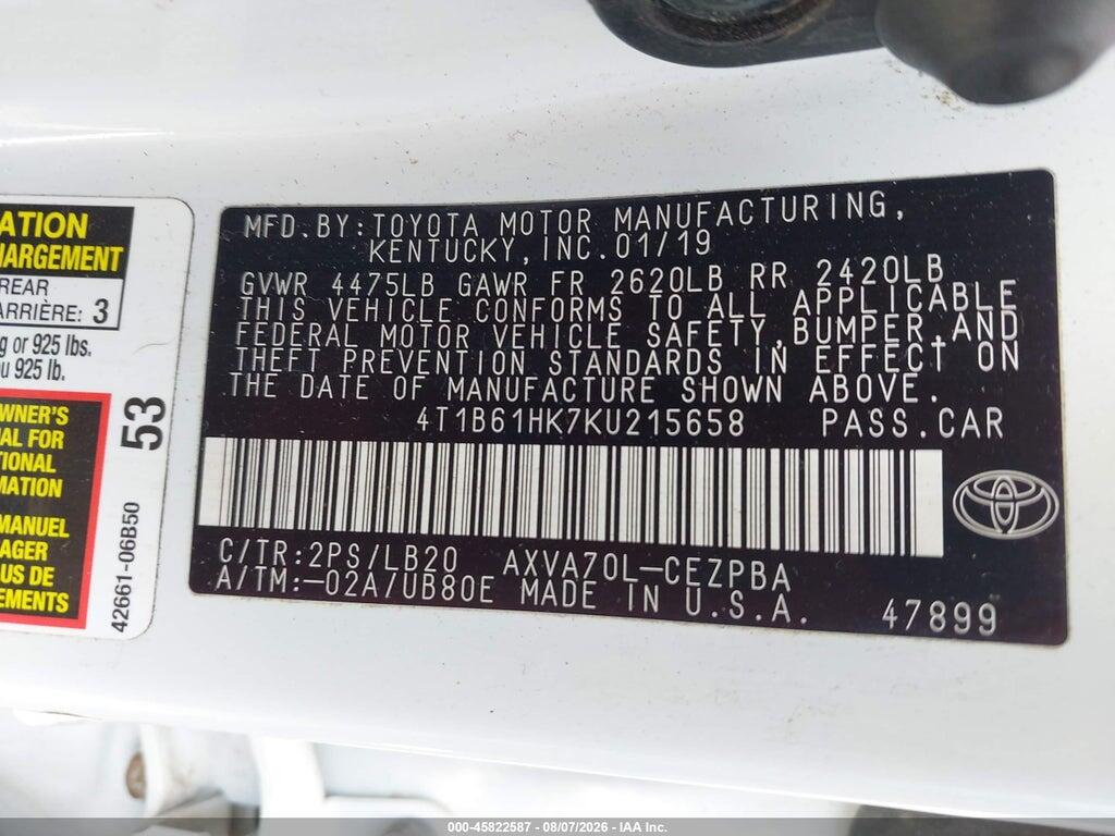 4T1B61HK7KU215658 2019 TOYOTA CAMRY photo no. 9