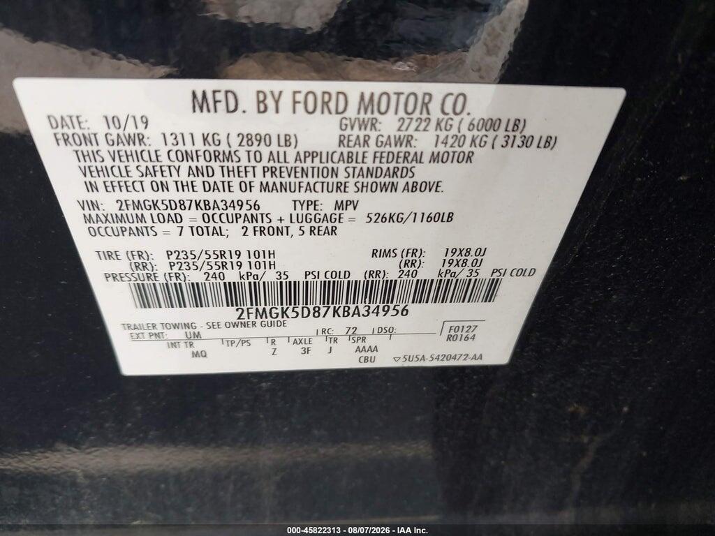 2FMGK5D87KBA34956 2019 FORD FLEX photo no. 9
