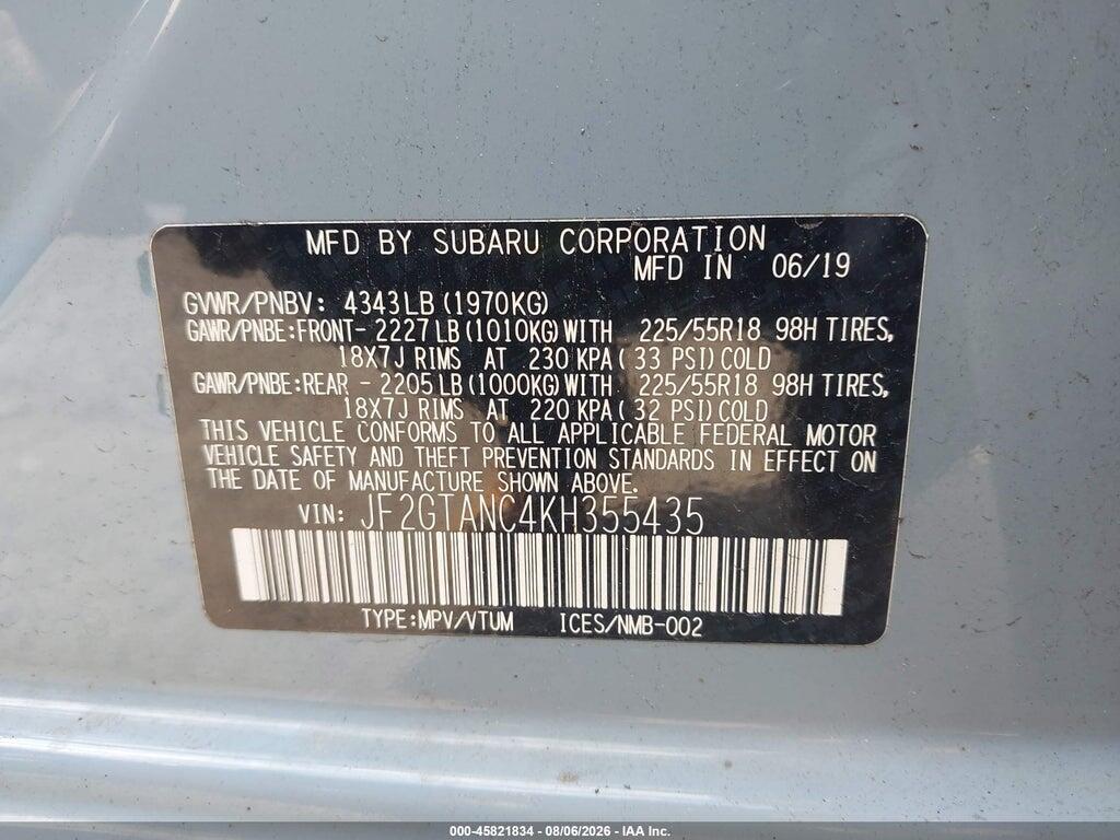 JF2GTANC4KH355435 2019 SUBARU CROSSTREK photo no. 9