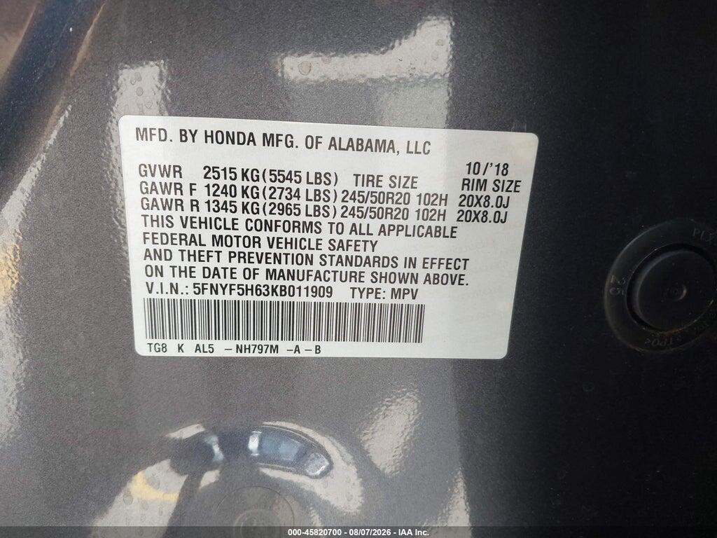 5FNYF5H63KB011909 2019 HONDA PILOT photo no. 9