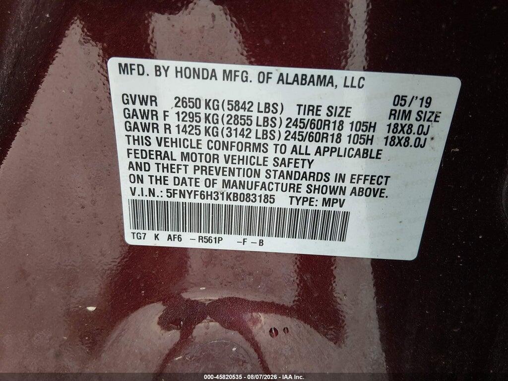 5FNYF6H31KB083185 2019 HONDA PILOT photo no. 9