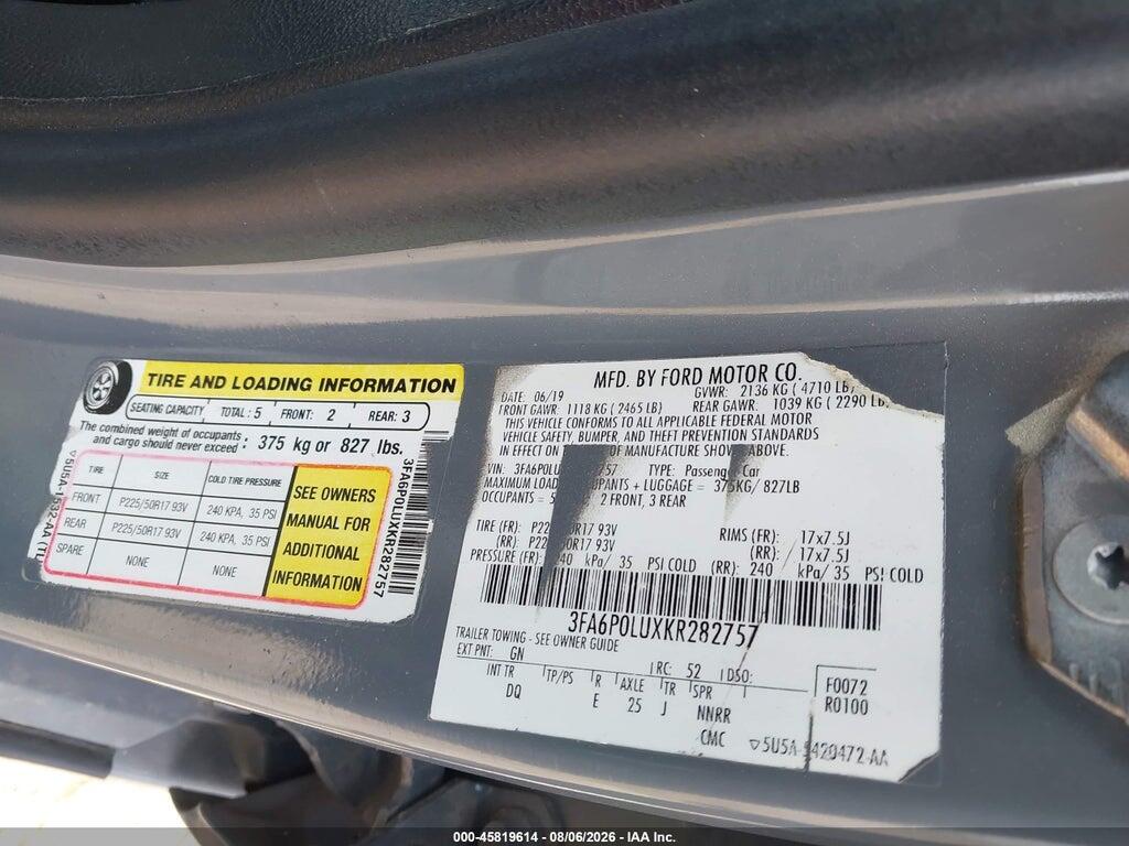 3FA6P0LUXKR282757 2019 FORD FUSION HYBRID photo no. 9