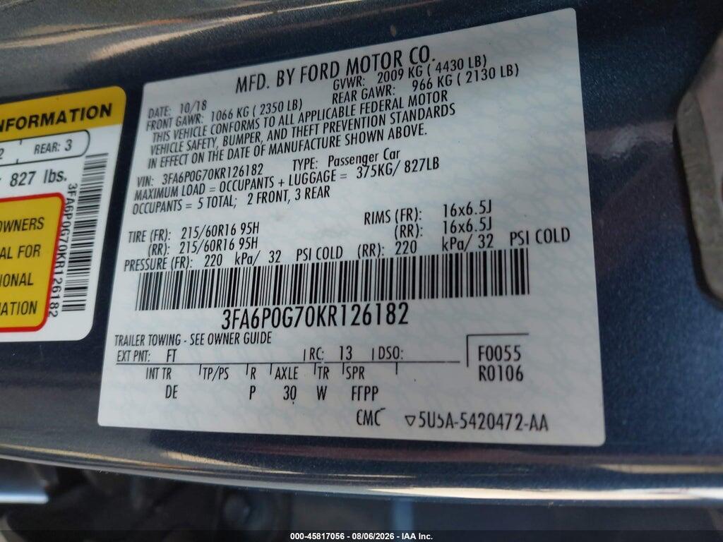 3FA6P0G70KR126182 2019 FORD FUSION photo no. 9