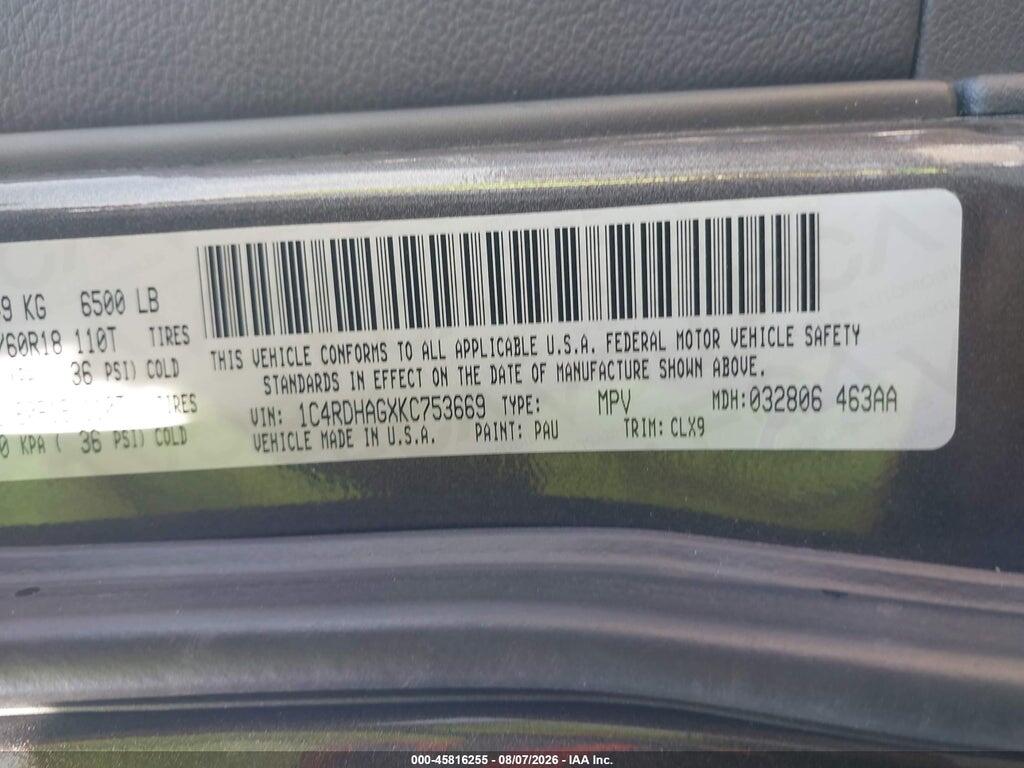 1C4RDHAGXKC753669 2019 DODGE DURANGO photo no. 9