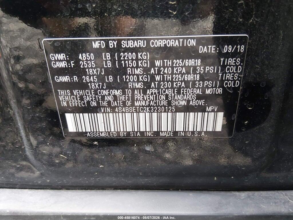 4S4BSETC2K3230125 2019 SUBARU OUTBACK photo no. 9