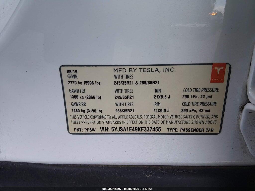 5YJSA1E49KF337455 2019 TESLA MODEL S photo no. 9