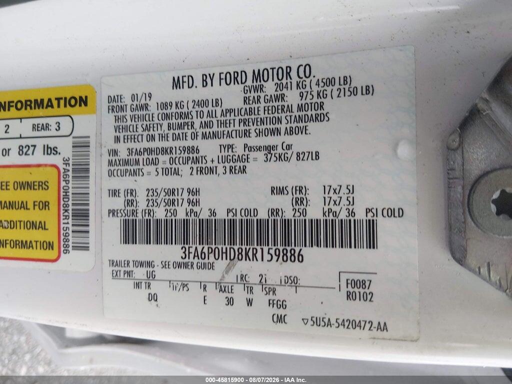 3FA6P0HD8KR159886 2019 FORD FUSION photo no. 9