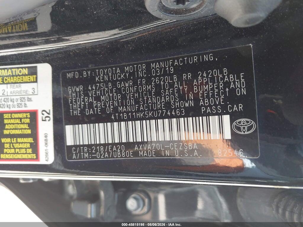 4T1B11HK5KU774463 2019 TOYOTA CAMRY photo no. 9