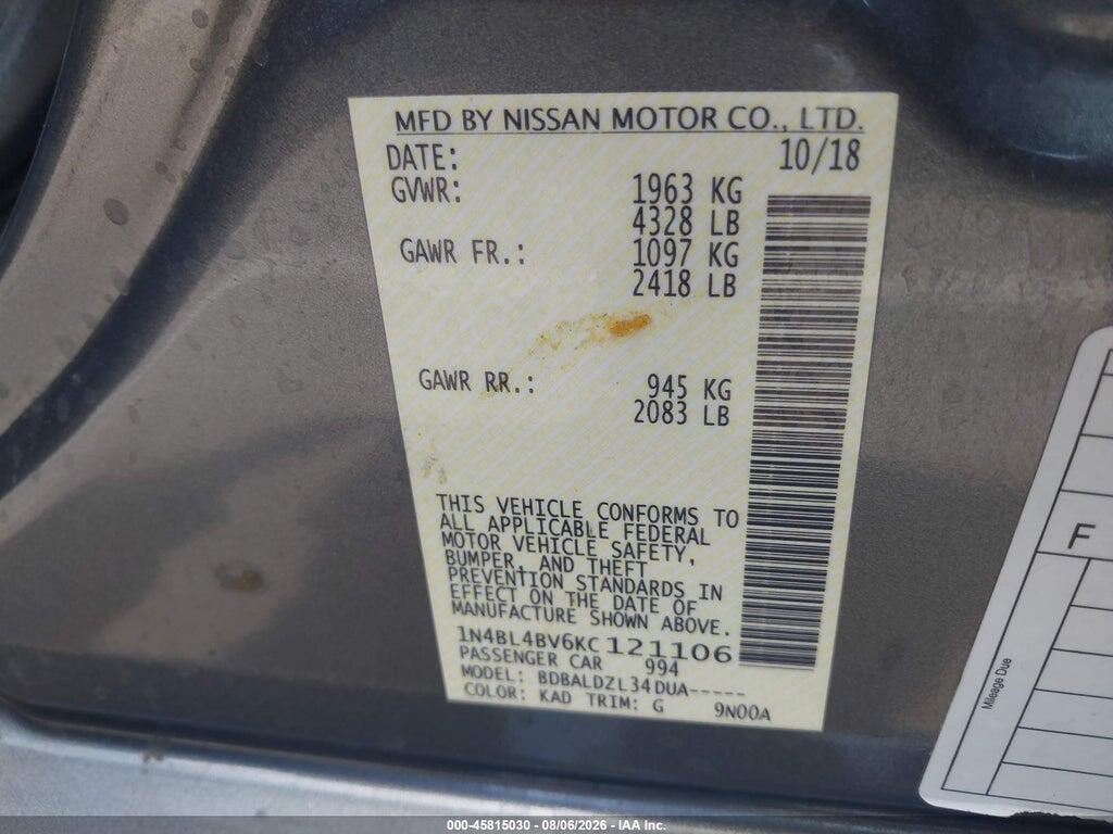 1N4BL4BV6KC121106 2019 NISSAN ALTIMA photo no. 9
