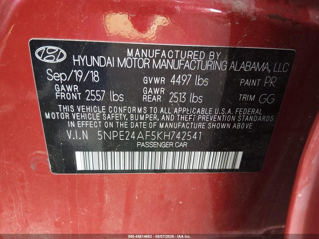 5NPE24AF5KH742541 2019 HYUNDAI SONATA photo no. 9