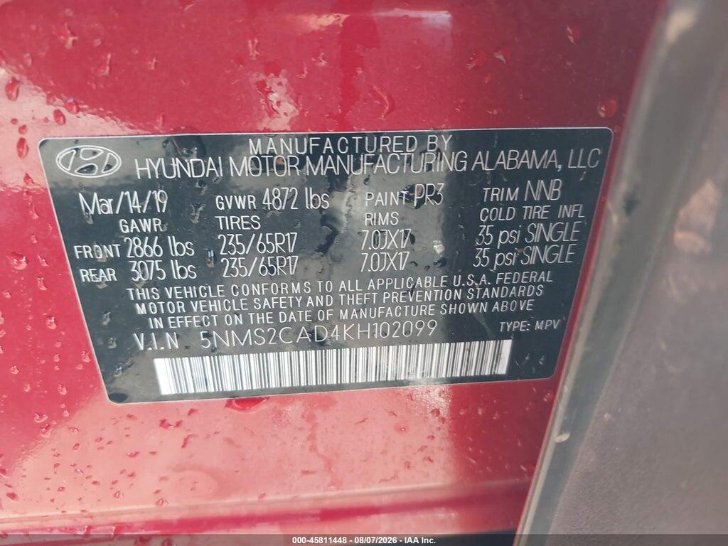 5NMS2CAD4KH102099 2019 HYUNDAI SANTA FE photo no. 9