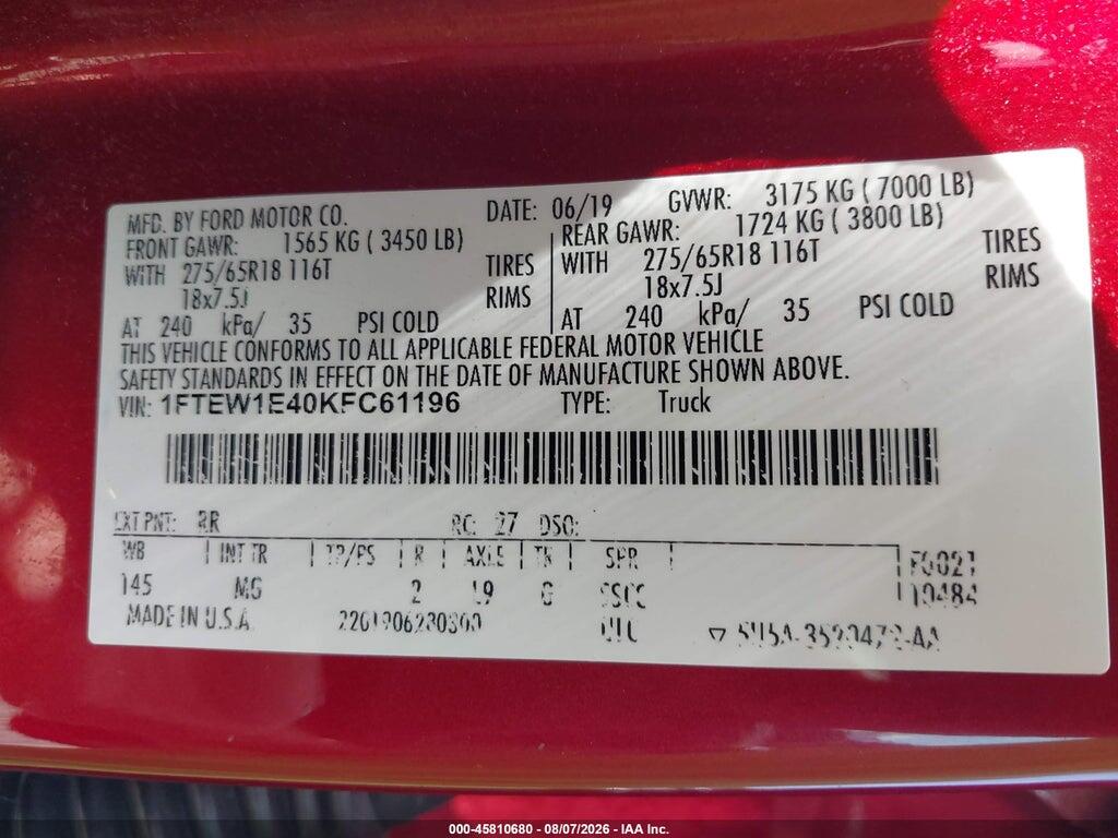 1FTEW1E40KFC61196 2019 FORD F-150 photo no. 9