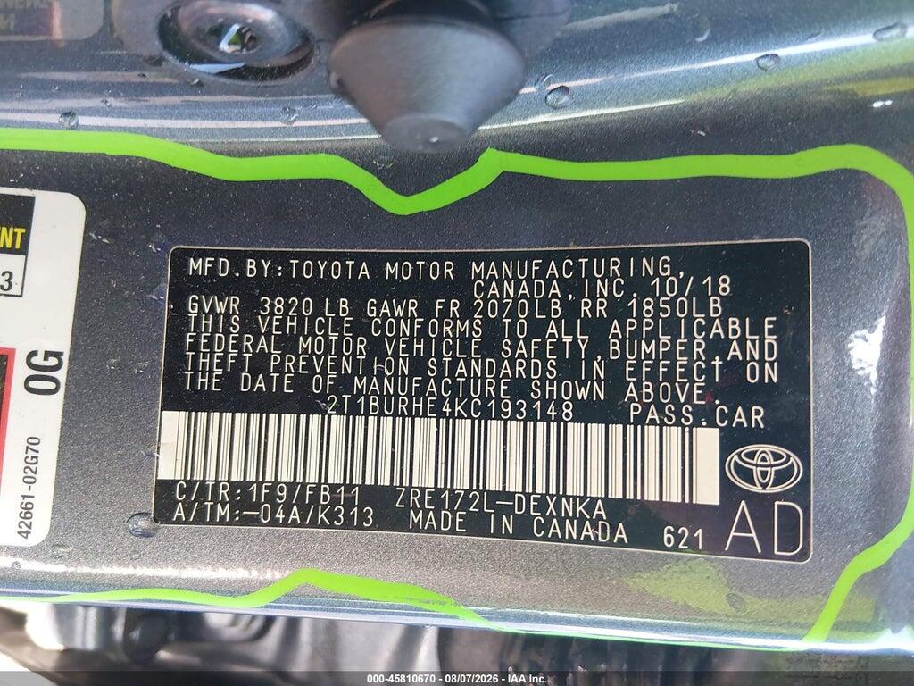 2T1BURHE4KC193148 2019 TOYOTA COROLLA photo no. 9