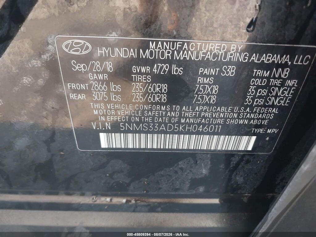 5NMS33AD5KH046011 2019 HYUNDAI SANTA FE photo no. 9