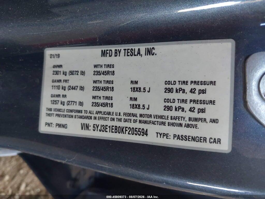 5YJ3E1EB0KF205594 2019 TESLA MODEL 3 photo no. 9