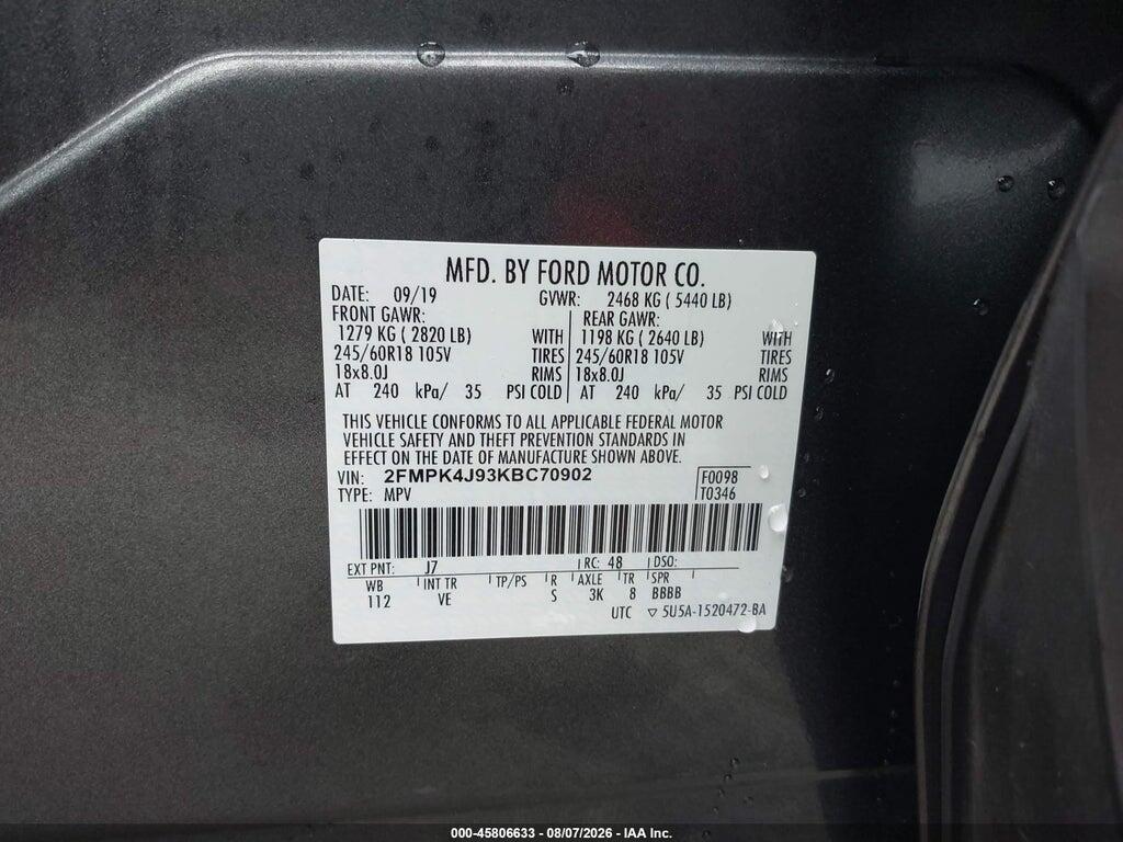 2FMPK4J93KBC70902 2019 FORD EDGE photo no. 9