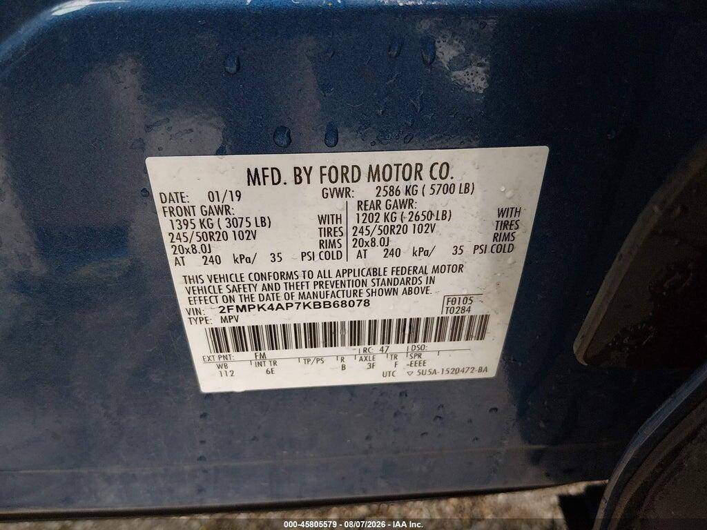 2FMPK4AP7KBB68078 2019 FORD EDGE photo no. 9