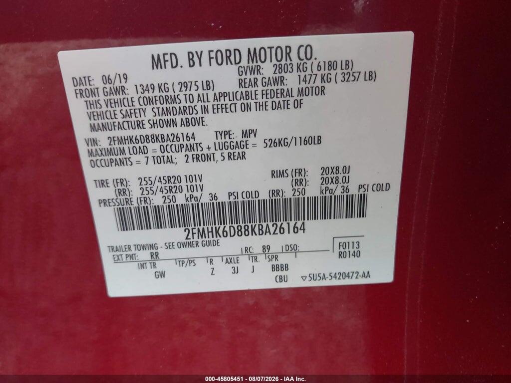 2FMHK6D88KBA26164 2019 FORD FLEX photo no. 9