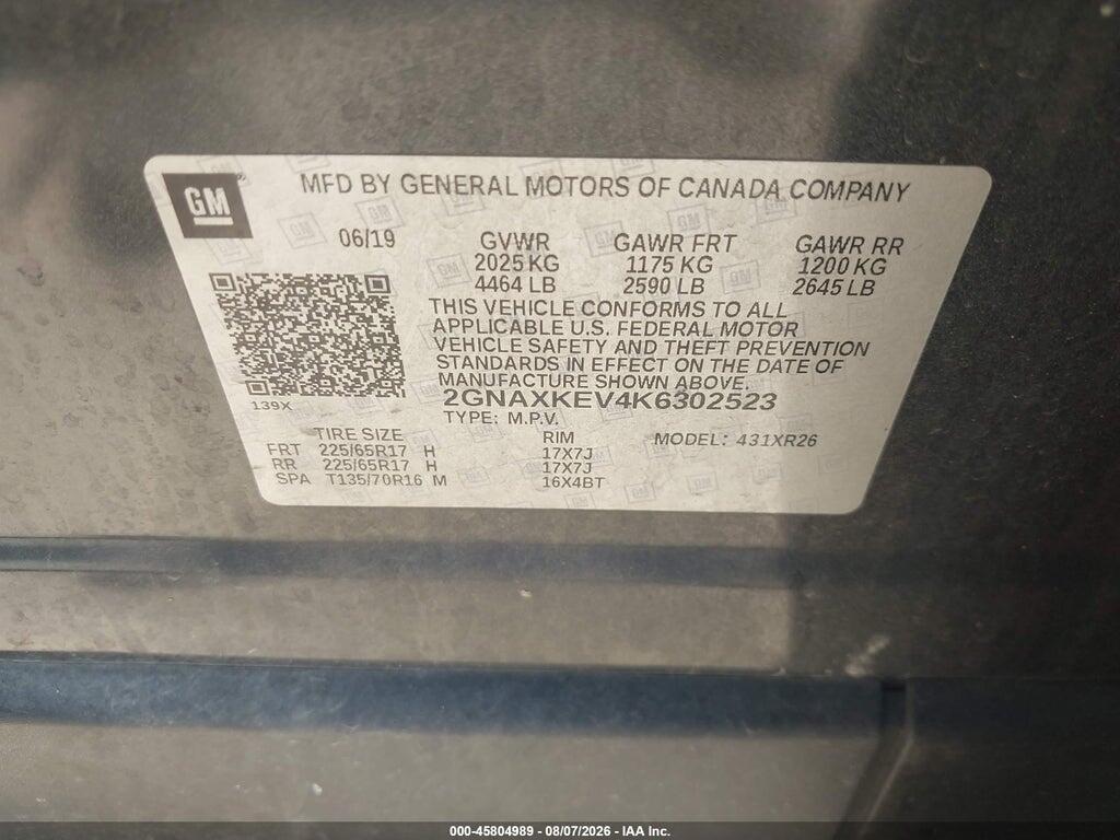 2GNAXKEV4K6302523 2019 CHEVROLET EQUINOX photo no. 9