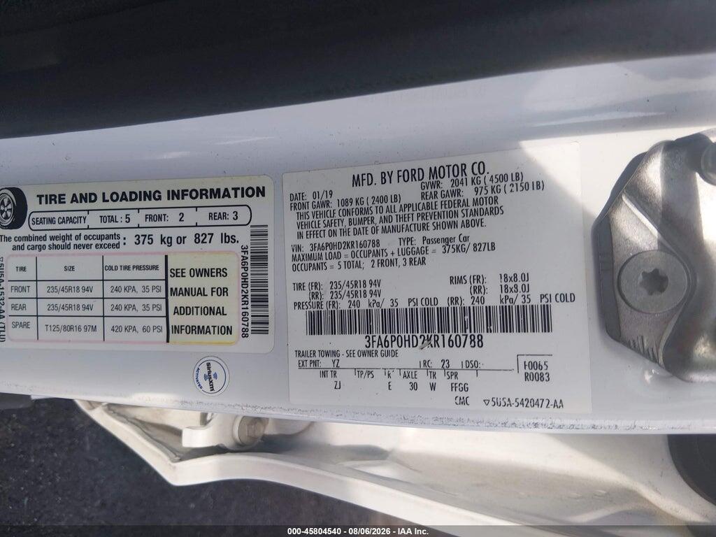 3FA6P0HD2KR160788 2019 FORD FUSION photo no. 9
