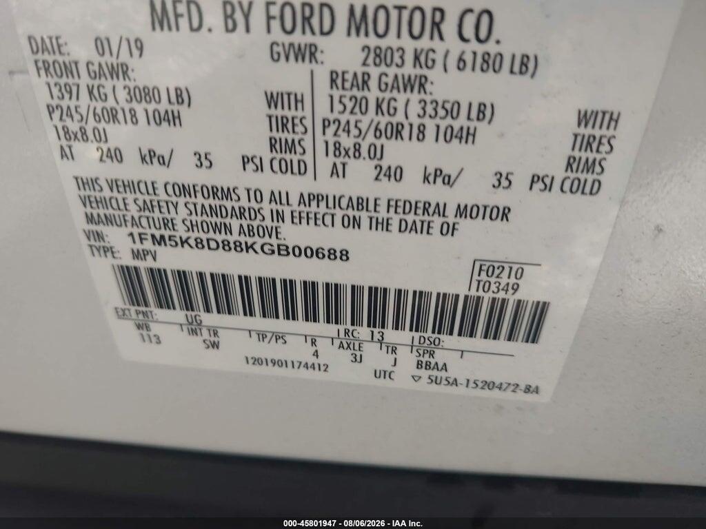 1FM5K8D88KGB00688 2019 FORD EXPLORER photo no. 9