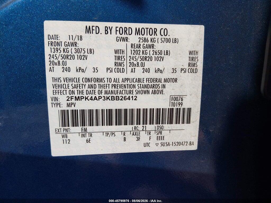 2FMPK4AP3KBB26412 2019 FORD EDGE photo no. 9