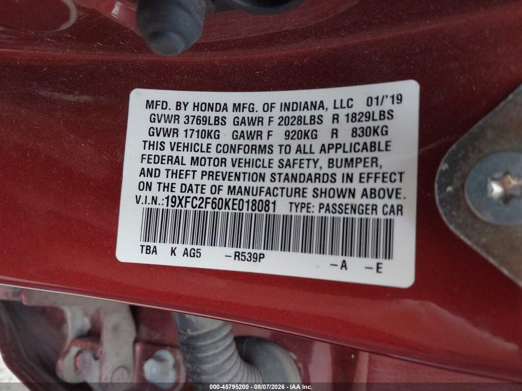 19XFC2F60KE018081 2019 HONDA CIVIC photo no. 9