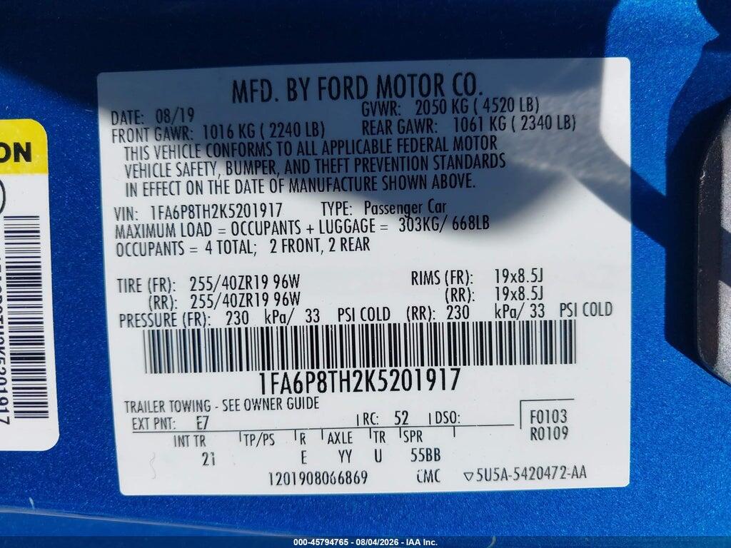 1FA6P8TH2K5201917 2019 FORD MUSTANG photo no. 9