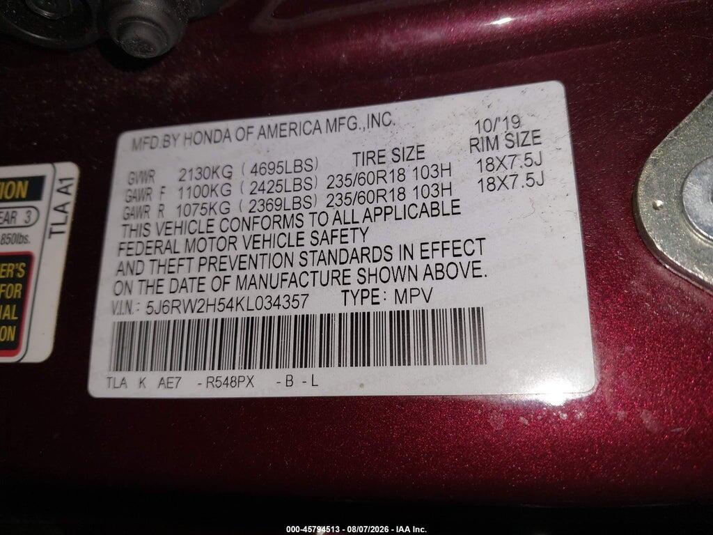 5J6RW2H54KL034357 2019 HONDA CR-V photo no. 9