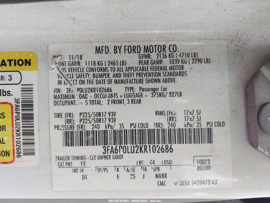 3FA6P0LU2KR102686 2019 FORD FUSION HYBRID photo no. 9