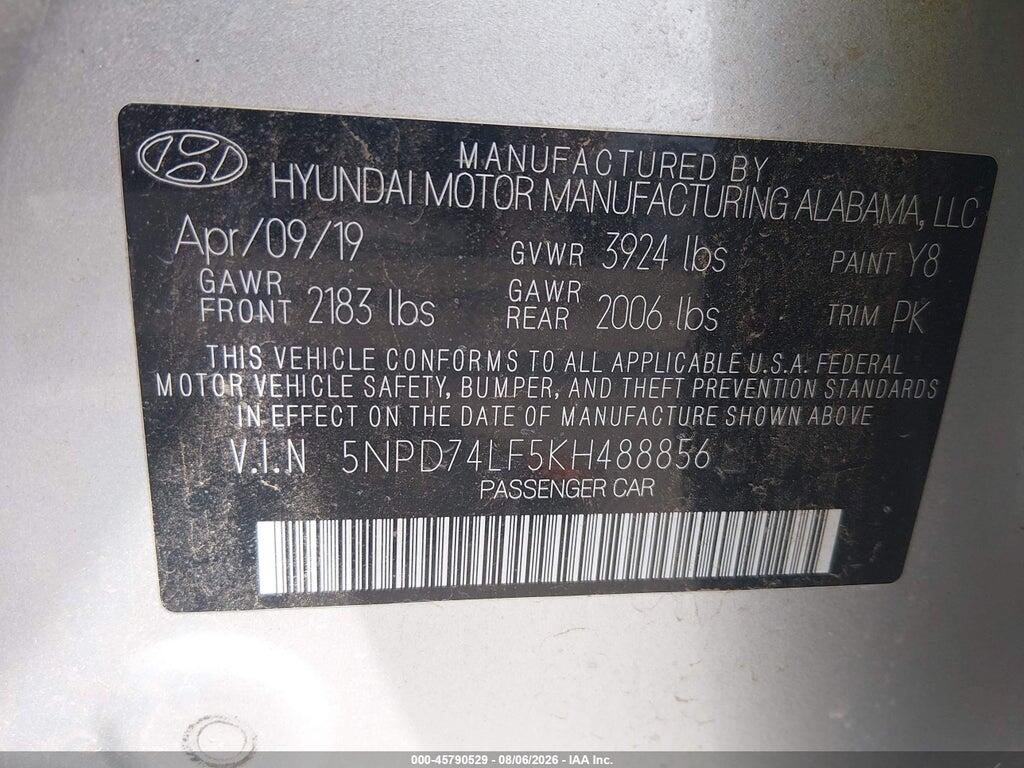 5NPD74LF5KH488856 2019 HYUNDAI ELANTRA photo no. 9