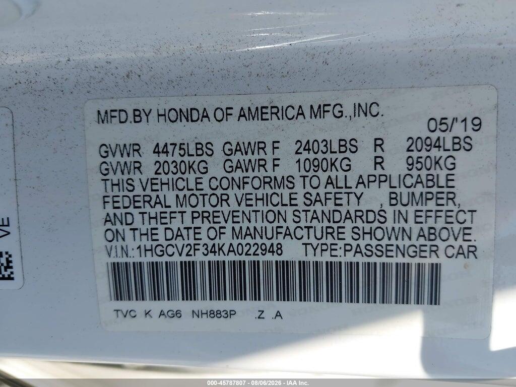 1HGCV2F34KA022948 2019 HONDA ACCORD photo no. 9