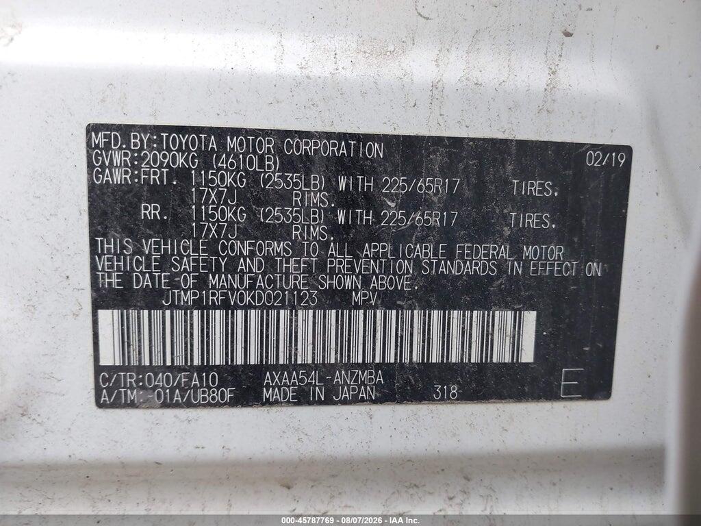 JTMP1RFV0KD021123 2019 TOYOTA RAV4 photo no. 9