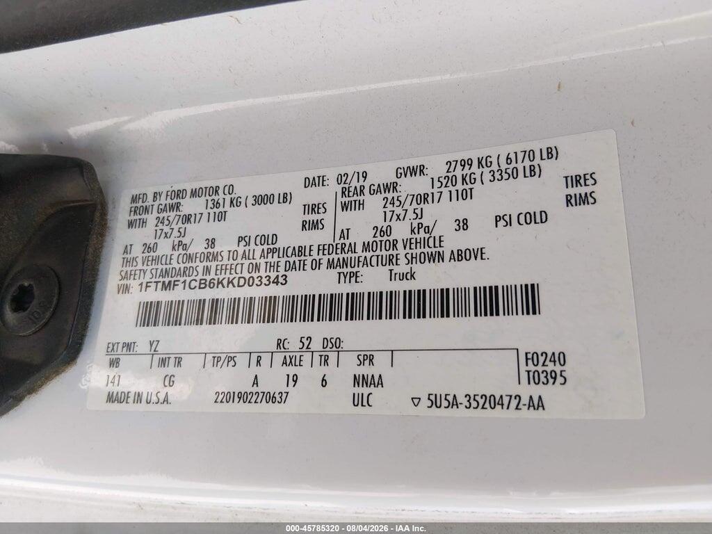 1FTMF1CB6KKD03343 2019 FORD F-150 photo no. 9