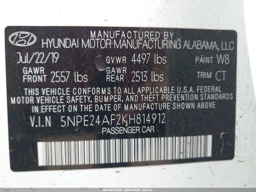 5NPE24AF2KH814912 2019 HYUNDAI SONATA photo no. 9