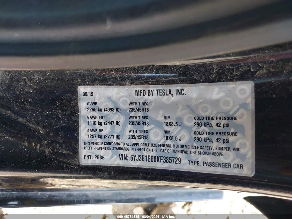 5YJ3E1EB8KF385729 2019 TESLA MODEL 3 photo no. 9