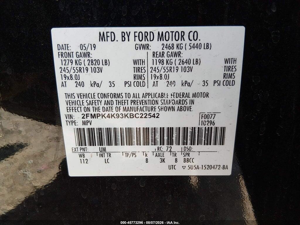 2FMPK4K93KBC22542 2019 FORD EDGE photo no. 9