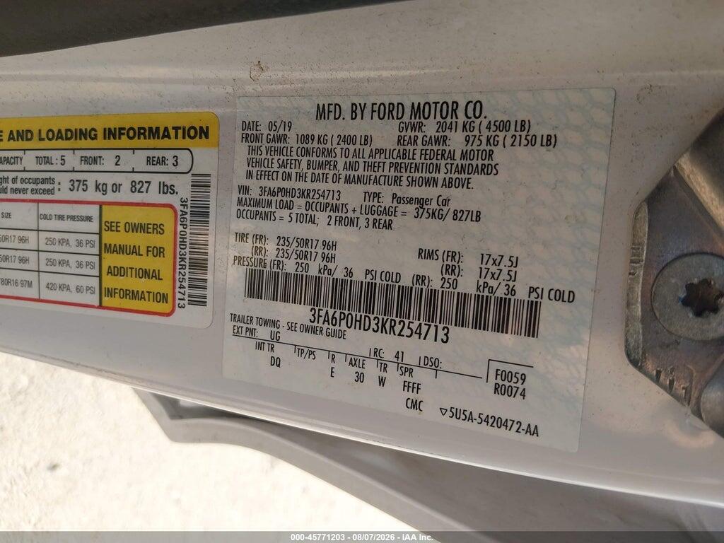 3FA6P0HD3KR254713 2019 FORD FUSION photo no. 9