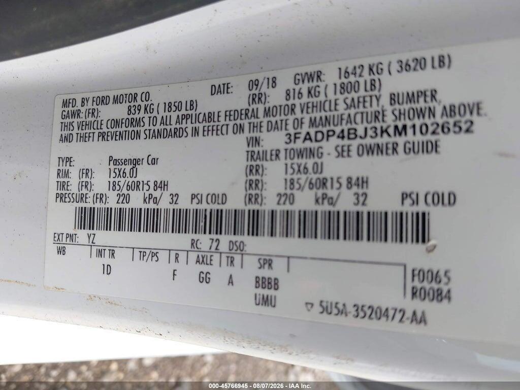 3FADP4BJ3KM102652 2019 FORD FIESTA photo no. 9