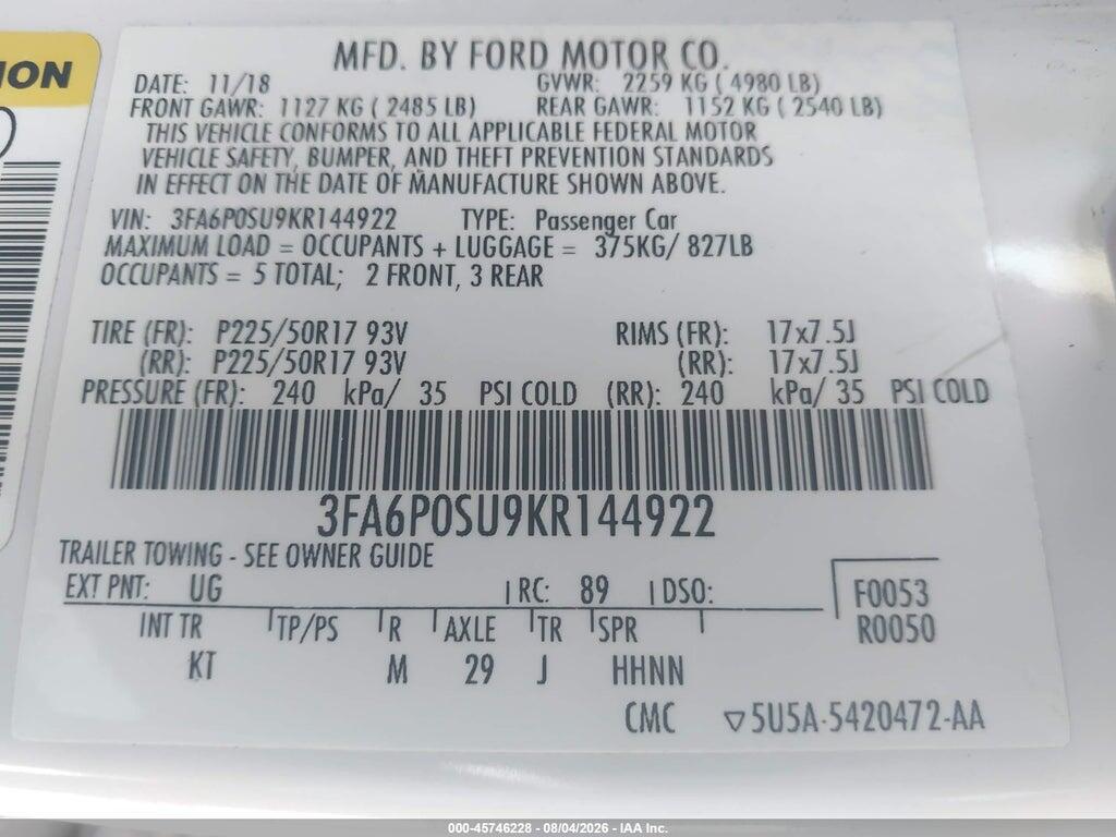 3FA6P0SU9KR144922 2019 FORD FUSION ENERGI photo no. 9