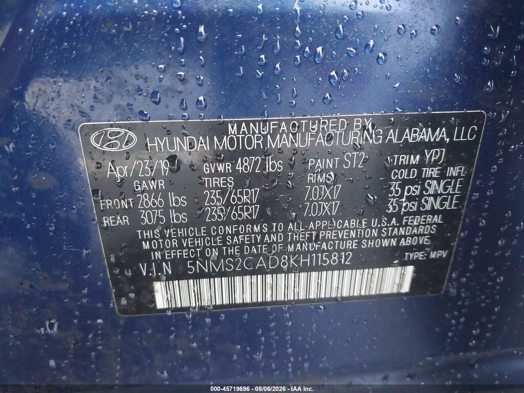 5NMS2CAD8KH115812 2019 HYUNDAI SANTA FE photo no. 9