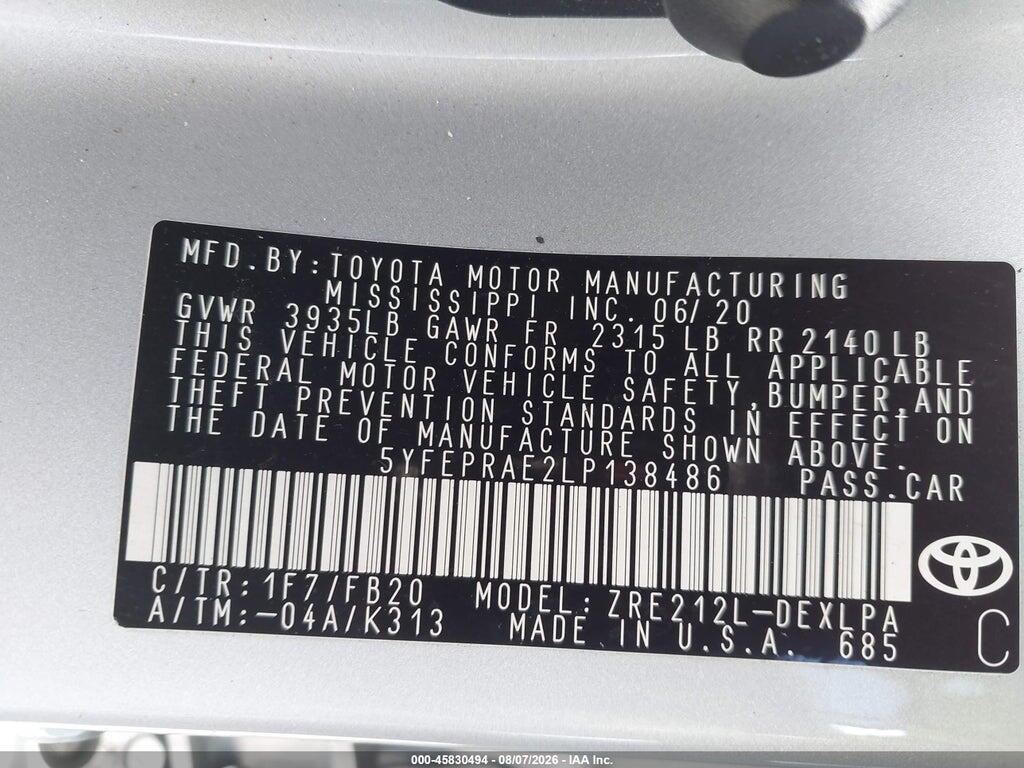 5YFEPRAE2LP138486 2020 TOYOTA COROLLA photo no. 9